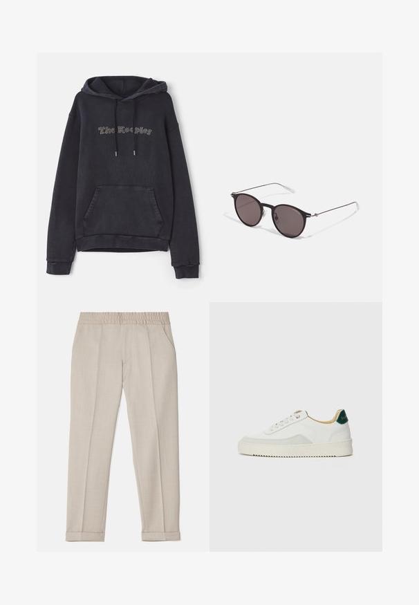 Dunkelgrauer Hoodie mit einer Fronttasche, Kordeln und einem „The Keepers“-Textdesign in hellen Verzierungen. Weicher, strukturierter Stoff.; Filippa K TERRY CROPPED TROUSERS - Stoffhose - sage melange; Weiße Sneaker mit Wildlederelementen, runder Zehenpartie, flachen Schnürsenkeln und einer cremefarbenen Gummisohle. Mit grünen Markenlogo am Fersenbereich.; Schwarze runde Sonnenbrille mit dunklen Gläsern und schlanken Metallbügeln. Enthält klare Tempelspitzen und silberne Akzente am Scharnier. Minimalistisches Design.