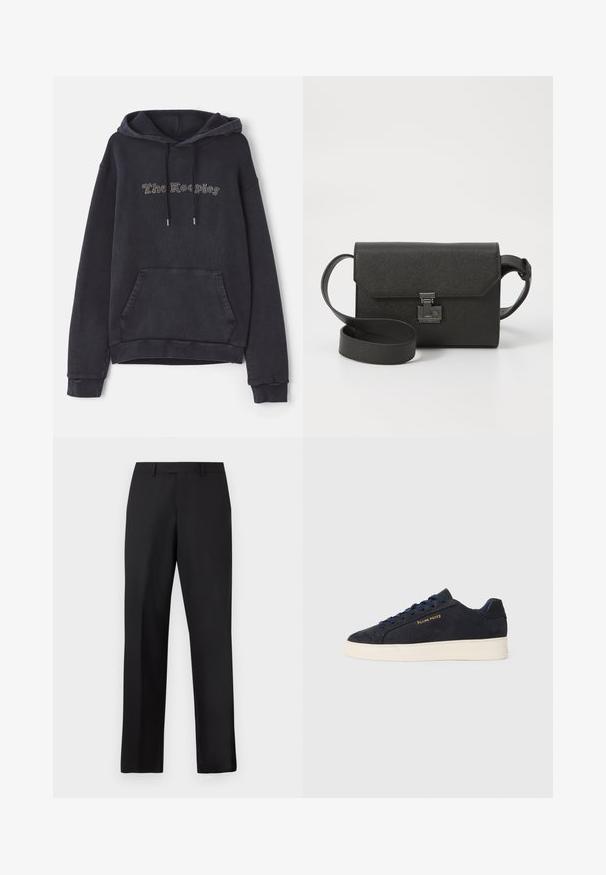 Tmavohnedá mikina s kapucňou s predným vreckom, šnúrkami a svetlým textovým dizajnom "The Keepers". Mäkká, textúrovaná tkanina.; Čierne nohavice s rovnými nohavicami vyrobené z hladkej látky. Majú štandardný pás a žiadne viditeľné vzory alebo ozdoby.; Námornícky modré semišové nízke tenisky s bielou podrážkou, námorníckymi šnúrami a zlatým logom "Filling Pieces" na boku.; Čierna kožená crossbody taška s textúrovaným povrchom, uzávery na preklop, kovovými doplnkami a zodpovedajúcim nastaviteľným popruhom.