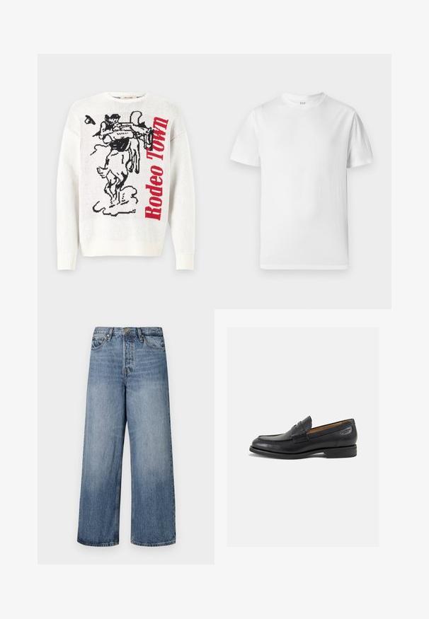 Maglione bianco lavorato a maglia con un design grafico nero e rosso che ritrae un cowboy e un cavallo, e la scritta "Rodeo Town" in lettere rosse in grassetto.; T-shirt bianca a maniche corte realizzata in morbido cotone. Presenta un collo rotondo e un orlo dritto con dettagli minimi.; Camicia a maniche lunghe con motivo a quadri verde, blu e giallo, bottoni bianchi e colletto abbottonato.; Jeans in denim blu a gamba larga con lavaggio sbiadito, design a cinque tasche e chiusura con bottone. Dotati di passanti per cintura e dettagli cuciti.; Mocassini in pelle nera con finitura liscia, punta arrotondata e cuciture decorative sulla tomaia. Tacco basso impilato e leggero lucido.