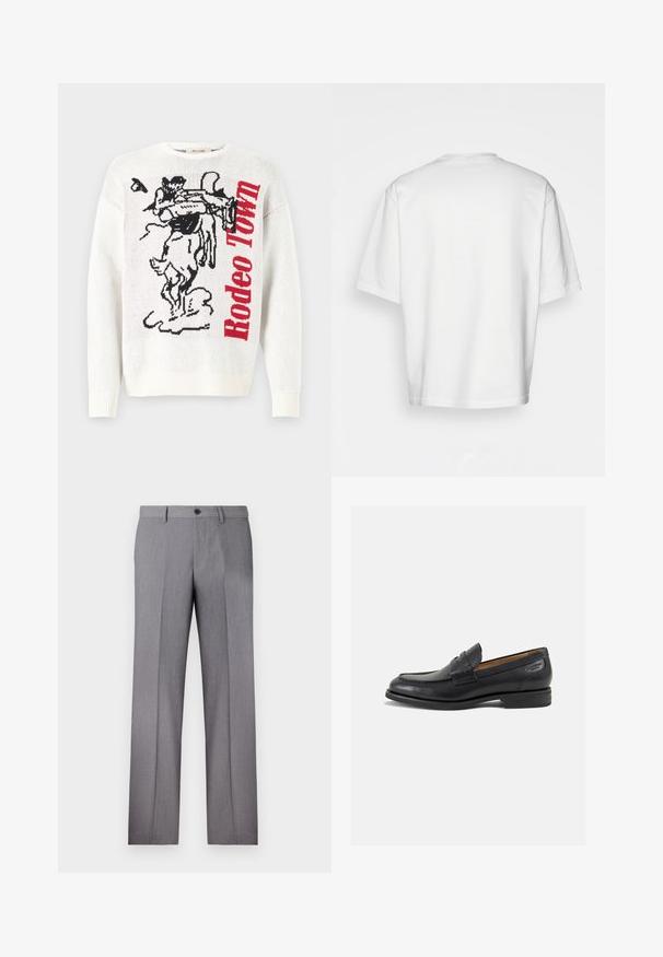 Fehér kötött pulóver, fekete és piros grafikai mintával, amelyen cowboy és ló látható, valamint a "Rodeo Town" felirat vastag piros betűkkel.; Fehér, rövidujjú póló, laza szabással, kerek dekoltázzsal, sima pamut anyagból, díszítés nélküli hátrésszel, egyenes szegéllyel, minta és kiegészítők nélkül.; Szürke, szabott nadrág lapos elülső résszel, két oldalsó zsebbel és egy gombos zárral. Simább textúra finom csíkos mintával.; Fekete bőr loaferek sima felülettel, lekerekített orral és díszítő varrással a lábfejen. Alacsony, réteges sarkú és enyhe fényű.