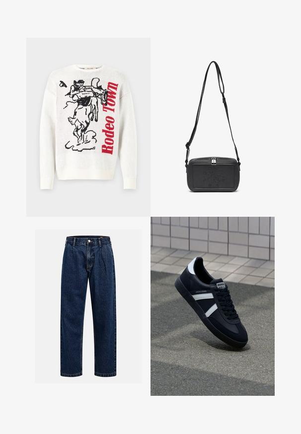Suéter blanco de punto que presenta un diseño gráfico en negro y rojo con un vaquero y un caballo, y el texto "Rodeo Town" en letras rojas negritas.; Jeans de mezclilla azul oscuro con un diseño de pierna recta. Presentan costura visible, cierre de botón y pliegues frontales para un detalle adicional.; Zapatilla de cuero negra con rayas blancas, suela de goma texturizada y parte frontal con cordones. Cuenta con una etiqueta de marca en la lengüeta.; Bolso cruzado de piel negra con cierre de cremallera, logotipo embossing en el frente y correa ajustable. Textura suave con forma rectangular.