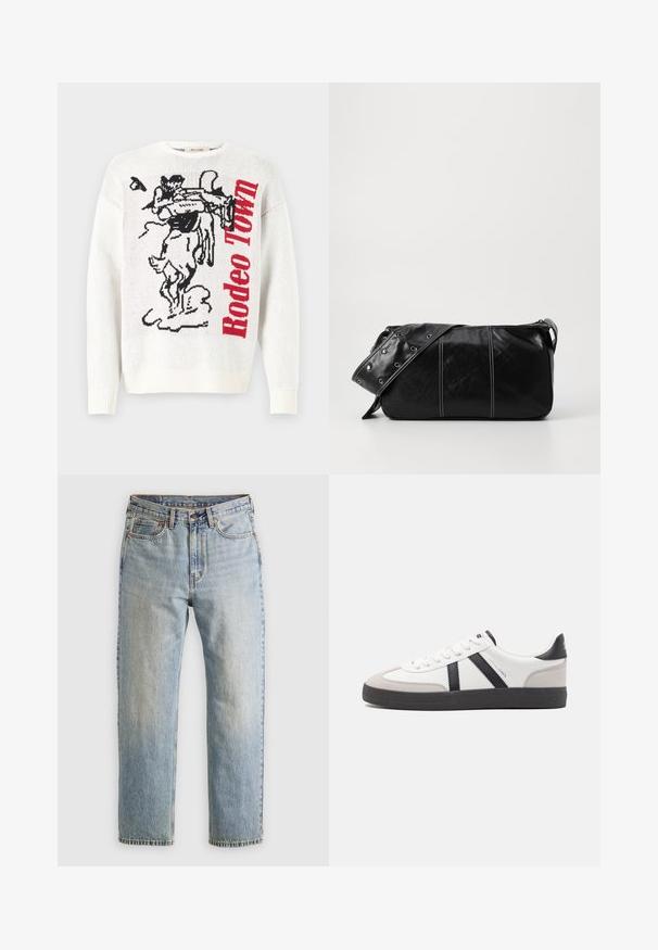Hvid strikket sweater med et sort og rødt grafisk design, der viser en cowboy og en hest, samt teksten "Rodeo Town" i fede røde bogstaver.; Lysblå denim jeans med høj talje, frontknap, lynlås og fem-lomme design, lagt fladt på en neutral baggrund.; Hvide sneakers med sorte og grå detaljer, med en tekstureret grå tåhætte, sort gummisål og flade hvide snørebånd. Rent design, minimalistisk stil.; Sort læder skuldertaske med lynlås, der har en tekstureret overflade, hvid syning og en rem med sølvøskner.