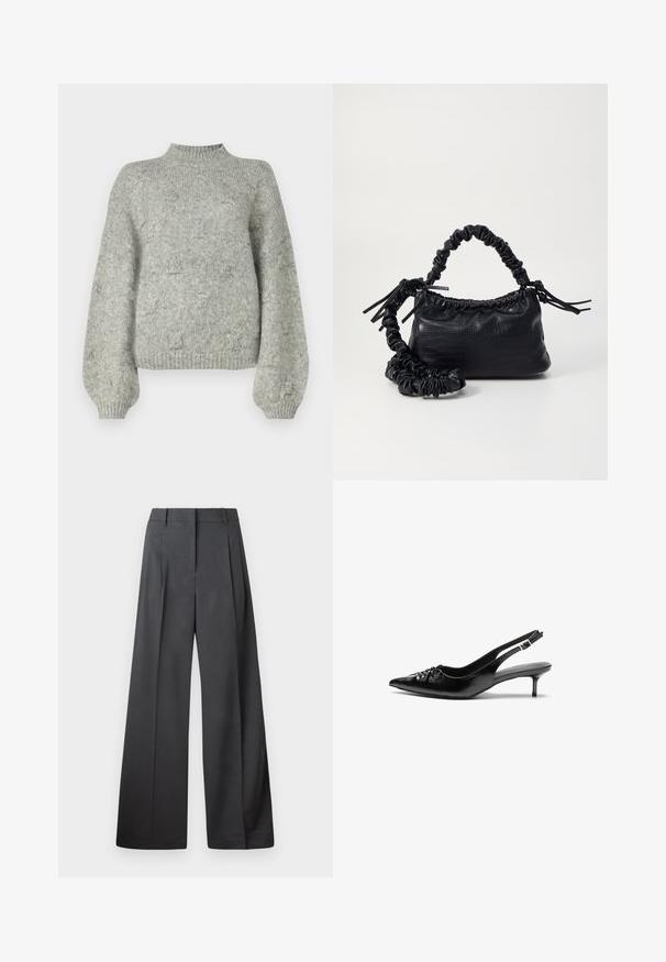 Light gray knitted sweater with a high neck, wide sleeves, and a soft texture. Features a subtle pattern throughout.; Wide-leg trousers in dark gray fabric, featuring a high waist, single pleats, and a smooth texture with a clean finish at the hems.; Black leather slingback heels with a pointed toe, small kitten heel, and a decorative knot detail on the front. Smooth texture throughout.; Black faux leather handbag with a crocodile texture, cinched top, and a scrunched strap. Appears soft and compact in design.