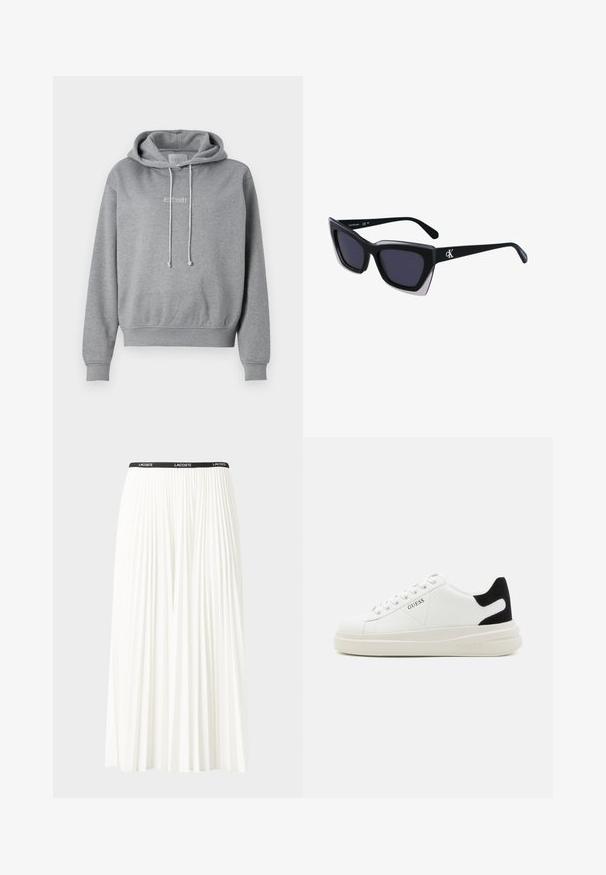 Sudadera gris de mezcla de algodón suave, con capucha ajustable, puños y cintura acanalados, y bordado "EST 1981" en la parte frontal.; Falda blanca plisada con una cinturilla elástica negra que presenta el logotipo "LACOSTE". Diseño de longitud media con textura suave.; Zapatillas blancas de cuero con una suela blanca gruesa, acento en el talón de ante negro y logo grabado en el lateral. Diseño de cordones con seis ojales.; Gafas de sol negras de gran tamaño con una forma geométrica, que presentan lentes oscuros y un detalle gris contrastante en la montura. Logo en la pata.