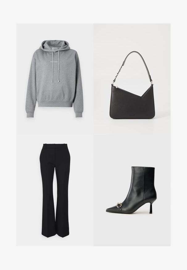 Grau Hoodie aus weichem Baumwollmix, mit einer Kordelzugkapuze, gerippten Bündchen, einem gerippten Taillensaum und gesticktem "EST 1981" auf der Vorderseite.; Schwarze plissierte Hose mit geradem Schnitt, aus einem glatten Stoff gefertigt. Sie hat einen hohen Bund und unsichtbare seitliche Taschen.; Schwarze Leder-Stiefelette mit spitzer Zehe, schlankem, mittelhohem Absatz und silberner Schnalle seitlich vor einem schlichten Hintergrund.; Schwarze Lederhandtasche in dreieckiger Form, mit schmalem Tragegurt und silbernem Zubehör. Sie verfügt über einen Reißverschluss und ein geprägtes Logo auf der Vorderseite.