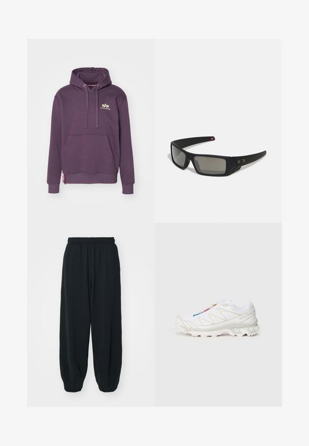 Paarse hoodie van een katoenmix met een kangoeroezak, een capuchon met trekkoord en een klein gouden logo op de borst. Heeft ribgebreide manchetten en zoom.; Zwarte, elastiche sweatpants met een losse pasvorm, manchetten aan de enkels, een zachte textuur en zonder zichtbare patronen of hardwareaccenten.; Witte sportieve schoen met een gestructureerde mesh bovenkant, reflecterende accenten en een gevoerde zool. Opvallend merklogo aan de zijkant.; Zwarte zonnebril met een matte afwerking, rechthoekige glazen, een lichte kromming op de slapen, subtiele logodetails en rookgetinte glazen.