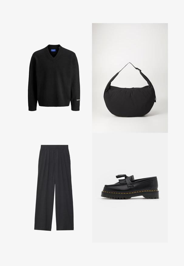 Crni džemper s V-izrezom i dugim rukavima, rebraste manžete i donji rub, mala bijela izvezenica na desnoj manžetni, te plava unutarnja oznaka.; Hlače širokih nogavica napravljene od tamnosive tkanine. Imaju nabore na struku, kroj prilagođen tijelu i ravnu siluetu.; Crna kožna loaferica s resicama, koja ima čvrst crni potplat i žute šavove duž ruba. Teksturirana završna obrada.; Crna platnena torba za rame s zakrivljenim oblikom, koja ima jednu trakicu i zatvaranje na zip. Mekana tekstura, minimalistički dizajn.