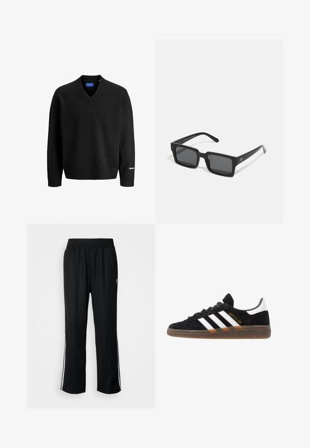Pull noir à col en V à manches longues avec des poignets et un ourlet côtelés, petite broderie blanche sur le poignet droit, et étiquette intérieure bleue.; Pantalons de sport noirs avec une taille élastique, ornés de rayures blanches sur les côtés et d'un petit logo. Le matériau semble doux et léger.; Baskets Adidas noires avec rayures blanches, inscription dorée "Spezial", semelle en gomme et languette blanche au talon, présentées en vue de profil.; Lunettes de soleil rectangulaires noires avec des verres foncés ; fabriquées en plastique, dotées d'une finition lisse, de montures épaisses et d'un branding subtil sur le côté.