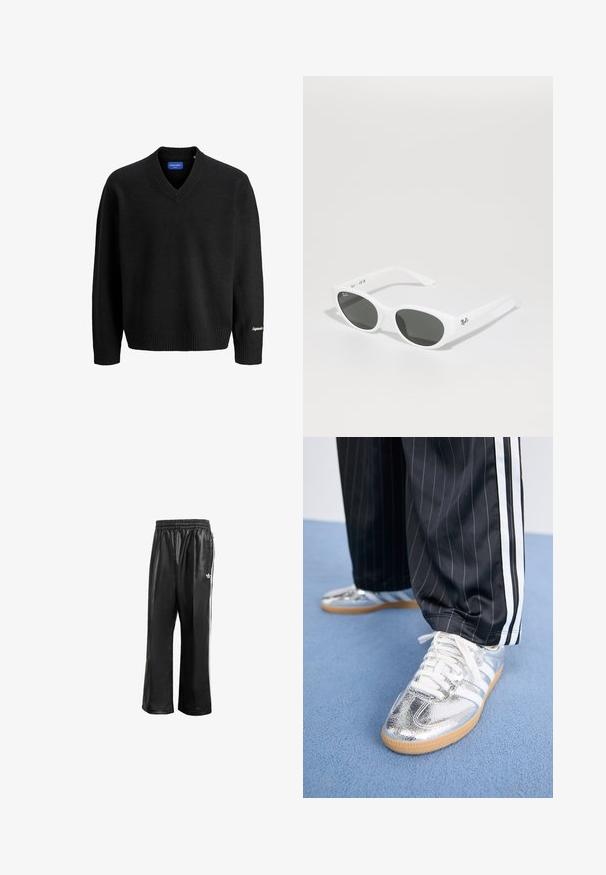 Pull noir à col en V à manches longues avec des poignets et un ourlet côtelés, petite broderie blanche sur le poignet droit, et étiquette intérieure bleue.; Pantalons de sport synthétiques noirs avec une taille élastique, dotés de rayures blanches sur les côtés et d'un petit logo blanc sur la hanche gauche.; Baskets argentées métalliques avec des lacets blancs et trois rayures blanches, associées à un pantalon noir à rayures. Semelle en gomme à la base.; Lunettes de soleil blanches avec des montures arrondies et des verres foncés. Possède une texture en plastique lisse et un petit logo sur la branche.