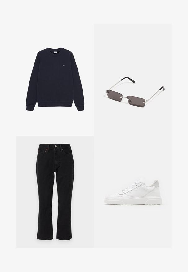 Marineblå genser i mykt stoff med rund hals, lange ermer, ribbestrikkede mansjetter og en liten brodert "II" på brystet.; Svarte denimjeans med rette ben, fem lommer, og metallhardware med kobberdetaljer. Glatt tekstur og middelhøy livhøyde.; Hvite skinnsko med en glat overflate, rund tå, flate lisser og teksturert såle. Grå semsket innfelt ved hælen.; Solbriller med rektangulære, mørkegrå linser, sølvfargede metallrammer og svarte plasttupper på armene. Lett design med nesepuder.