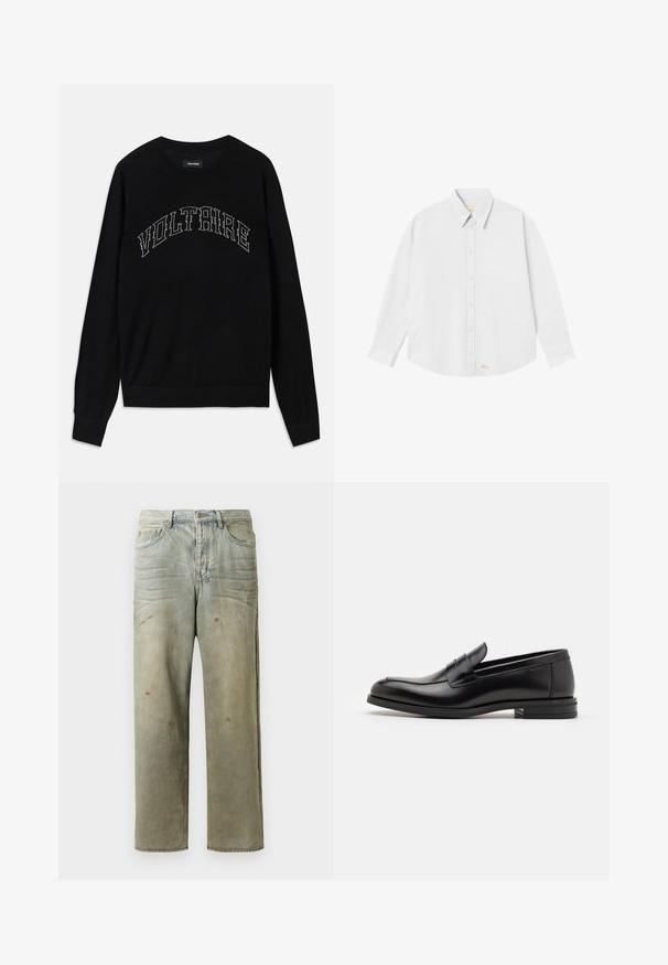 Black sweater with a crew neck and long sleeves. "VOLTAIRE" in contrasting stitching across the chest. Soft texture and fitted design.; White button-up shirt with a classic collar, long sleeves, and a rounded hem; features small orange logo at the bottom left side.; Distressed denim jeans in light green, featuring a straight leg, five-pocket design, and uneven fading with paint splatters.; Black leather loafers with a smooth texture, rounded toe, and a decorative strap across the vamp. Low stacked heel, minimalist design.