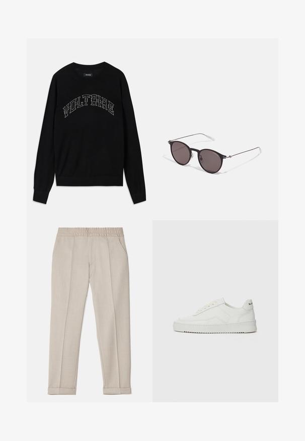 Pull noir avec un col rond et des manches longues. "VOLTAIRE" en couture contrastée sur la poitrine. Texture douce et design ajusté.; Filippa K TERRY CROPPED TROUSERS - Pantalon classique - sage melange; Baskets en cuir blanc avec une finition lisse, bout arrondi, lacets plats et semelle texturée. Présente un logo discret sur le talon.; Lunettes de soleil noires rondes avec verres sombres et branches en métal fines. Comprend des embouts transparents et des accents argentés au niveau de la charnière. Design minimaliste.