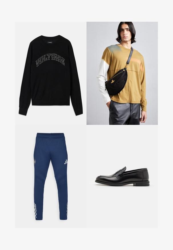 Maglione nero con collo rotondo e maniche lunghe. "VOLTAIRE" ricamato in contrasto sul petto. Tessuto morbido e design aderente.; Pantaloni sportivi navy con vita elastica, design a gamba affusolata, logo argentato sulla coscia e distintivi dettagli a tre strisce sulla parte inferiore della gamba.; Mocassini neri in pelle con una texture liscia, punta arrotondata e una striscia decorativa sulla tomaia. Tacco basso impilato, design minimalista.; Vivienne Westwood CITY BUMBAG UNISEX - Marsupio - black