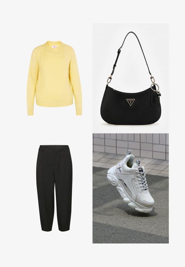 Geel gebreide trui met een ronde hals, geribbelde mouwen en zoom. Gemaakt van zacht materiaal met een gladde textuur, met een klassiek ontwerp.; Zwarte op maat gemaakte broeken met een hoge taille, plooidetails en taps toelopende pijpen, gemaakt van een gladde, lichtgewicht stof.; Witte sneaker van mesh en leer, met een ronde neus, dikke zool, opvallende veters en merklogo op de hak en tong.; Zwarte synthetische schoudertas met een gebogen silhouet, textuurafwerking, gouden driehoeklogo en afneembare hardwareaccenten.