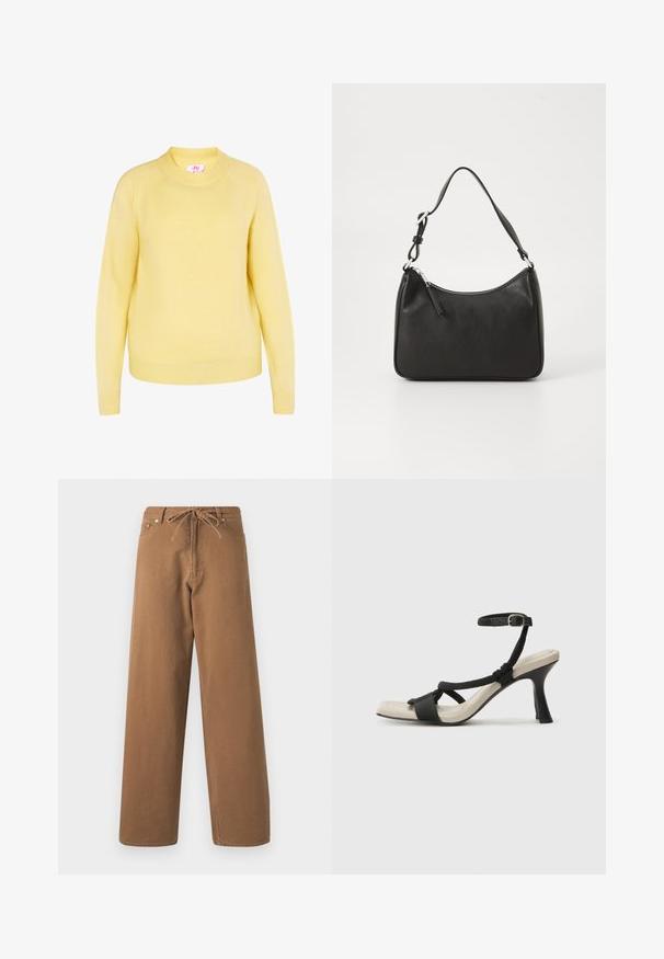 Žltý pletený sveter s okrúhlym výstrihom, ribbovanými manžetami a lemom. Vyrobený z jemného materiálu s hladkou textúrou, s klasickým dizajnom.; Hnedé nohavice so širokými nohavicami vyrobené z bavlny, so sťahovacím pásom a dvoma prednými vreckami. Štruktúrovaná tkanina s hladkým povrchom.; Čierne sandále na podpätku s pleteným pásikom, štvorcovou špičkou a nastaviteľným remienkom okolo členka. Svetlobéžová stielka s lesklým čiernym podpätkom.; Čierna kožená kabelka s oblým tvarom, jediným popruhom, zipsom a nenápadným logom na prednej strane. Hladká textúra, minimalistický dizajn.