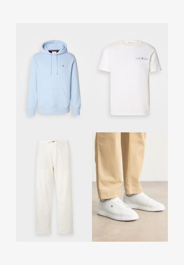 Sudadera azul claro hecha de algodón suave, con un bolsillo tipo canguro en la parte delantera, capucha con cordón y un pequeño logotipo bordado en el pecho.; Camiseta de algodón blanca con cuello redondo, mangas cortas y un logo impreso. Presenta un diseño minimalista y un corte relajado.; Pantalones de lino color beige claro con corte recto, cintura ajustable con cordón y dos bolsillos laterales. Textura suave y diseño minimalista.; Zapatillas de cuero blanco con un acabado suave, con puntera redonda, diseño de cordones y un sutil detalle del logo en el lateral, combinadas con pantalones beige.