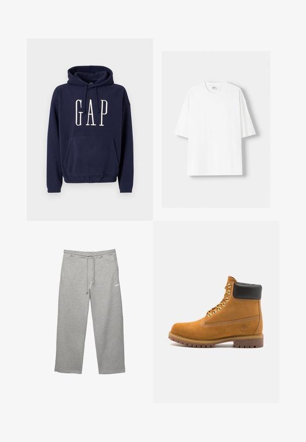 Marineblauwe capuchontrui met zak aan de voorkant en wit "GAP"-logo in het midden van de borst, voorzien van een capuchon met trekkoord en elastische zoom.; Witte t-shirt met korte mouwen, gemaakt van katoen, met een ronde halslijn en een relaxte pasvorm. Gladde textuur, zonder zichtbare patronen of accenten.; Grijze sweatpants gemaakt van zachte stof met een elastische tailleband, verstelbare trekkoord en zijzakken. Kenmerkt zich door een klein wit logo.; Tan suède enkelboot met zwart gevoerd kraagje, gouden metalen oogjes, witte stikdetails en een robuuste rubberen zool met uitgesproken profiel.