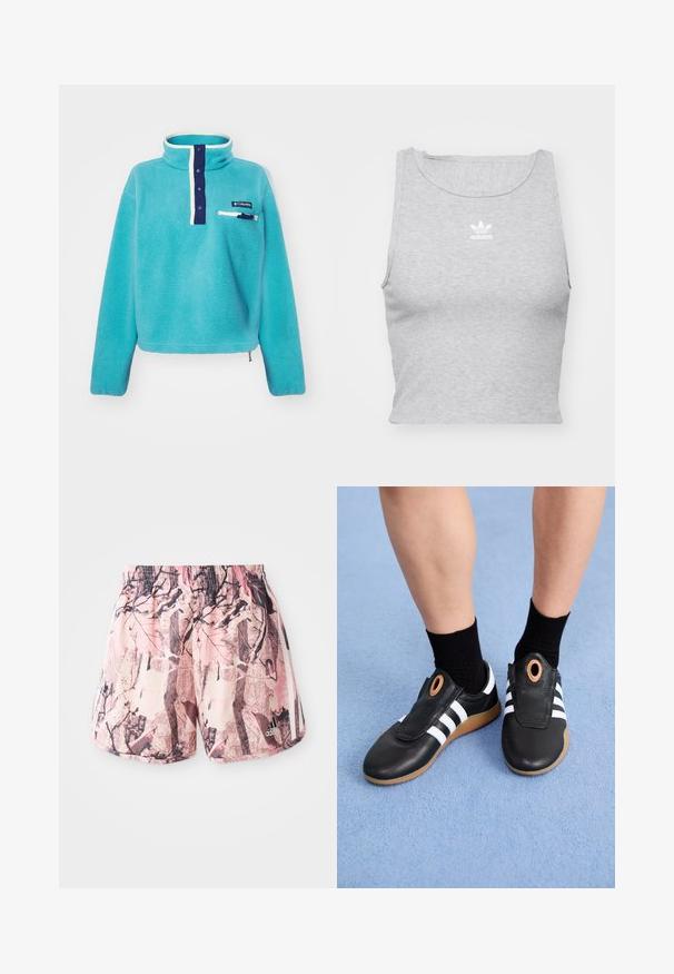 Turkise fleece-pullover med marineblå knappestolpe, hvitkantet krage, glidelås lomme på brystet og Columbia-logo-patch.; Grå, ermeløs crop top laget av mykt stoff, med rund hals og en liten hvit Adidas-logo på brystet.; Rosa og brune mønstrede shorts med elastisk midjebånd og sidestriper, utstyrt med et grafisk design som ligner på bladverk og grener.; Sorte slip-on-sko med hvite striper og en teksturert lær-overdel, med en sirkulær detalj nær åpningen og en såle av gummigummi.