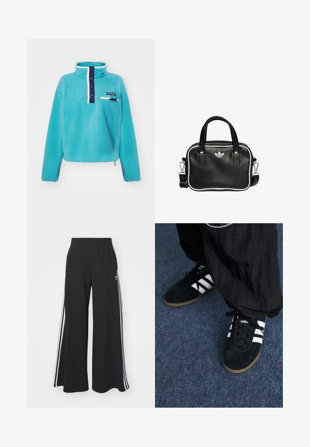 Tyrkysový fleecový svetr s námořnickou léga na knoflíky, límcem s bílým lemem, zipovou náprsní kapsou a nášivkou Columbia.; Černé pohodlné tepláky širokého střihu s elastickým pasem, na boční straně s bílými pruhy a vyšitým logem na levé stehně.; Černé semišové sportovní boty se třemi bílými pruhy a černými tkaničkami. Částečně viditelné vedle bot jsou texturované černé kalhoty.; Černá kožená kabelka se dvěma krátkými uchy, stříbrným kováním, bílými detaily a bílým logem. Má texturovaný povrch a kompaktní design.