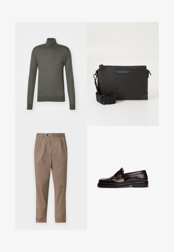Tiger of Sweden NEVILE - Jumper - pavement; Khaki trousers with a tailored fit, featuring a front pleat, button closure, and turned-up cuffs. Made from a lightweight cotton blend fabric.; Brown leather loafers with a glossy finish, featuring decorative stitching, a strap across the vamp, and a flat rubber sole.; Black leather crossbody bag with a textured finish, featuring a zip closure and adjustable strap. Logo patch on the front. Rectangular shape.