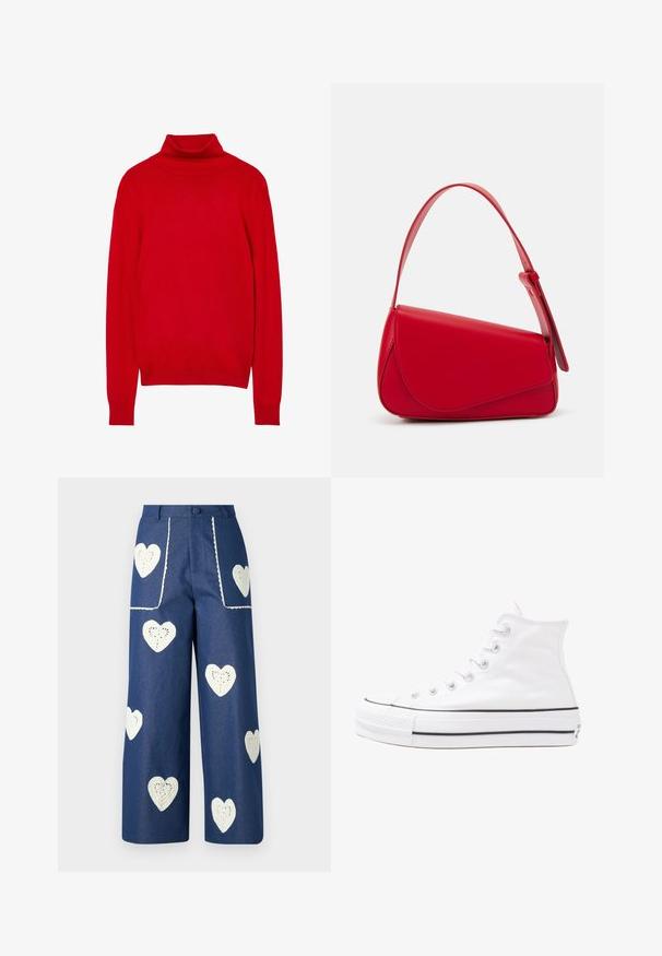 Roter Rollkragenpullover aus weichem Strickstoff. Verfügt über lange Ärmel, eine taillierte Silhouette sowie gerippte Kragen- und Ärmelsäume.; Blumenbluse mit langen Puffärmeln, hellcremefarbenem Grund, mit lila, orangefarbenen und grünen Blumenmustern sowie klassischem Kragen.; Sister Jane HEART TO HEART - Jeans Straight Leg - blue denim; Weiße hochwertige Leinensneaker mit schwarzer Gummisohle, vorderem Gummizehenschutz und sechs Ösen für Schnürsenkel, die ein sauberes, minimalistisches Design aufweisen.; Rote Lederhandtasche mit einem kantigen, geometrischen Design. Verfügt über einen verstellbaren Schulterriemen und einen Klappenverschluss mit genähten Details.