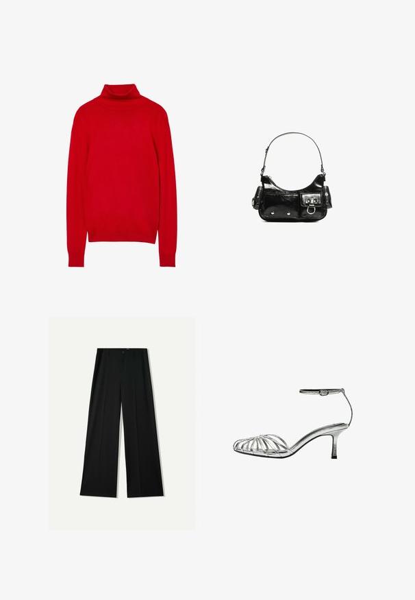 Roter Rollkragenpullover aus weichem Strickstoff. Verfügt über lange Ärmel, eine taillierte Silhouette sowie gerippte Kragen- und Ärmelsäume.; Bershka WIDE - Stoffhose - black; Silberne Sandale mit Riemchen und niedrigem Absatz, ausgestattet mit mehreren überkreuzten Riemen, einem Knöchelriemen mit Schnalle und einer glatten, glänzenden Oberfläche.; Schwarze Lackleder-Handtasche mit geschwungenem Design, einem Schulterriemen, Vordertaschen und silberfarbenen Hardware-Akzenten.