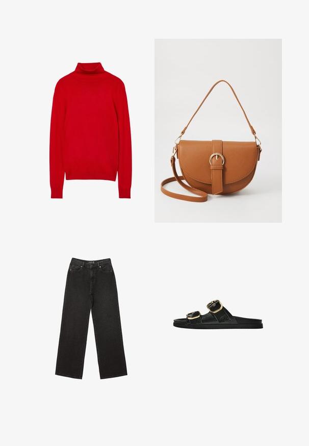 Maglione a collo alto rosso realizzato in morbido tessuto a maglia. Presenta maniche lunghe, una silhouette aderente e un colletto e polsini a coste.; Jeans neri a gamba larga realizzati in denim, caratterizzati da piccoli motivi a pois, design classico a cinque tasche e chiusura con bottone e zip.; Infradito neri con due accenti di fibbia dorata, materiale dalla texture liscia, suola piatta e design minimalista.; Borsa a tracolla in pelle marrone con forma curvata, hardware dorato e un dettaglio con fibbia. Presenta una tracolla rimovibile.