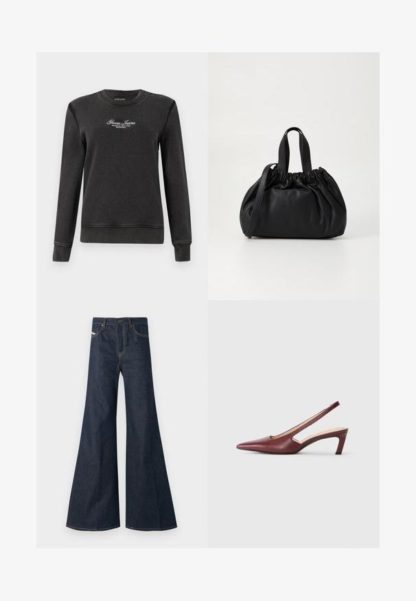 Musthave musta kapuutsita särk, mis on valmistatud pehmest kangast, varrukad on pikad ja rinnal on tikitud "Guess Jeans" tekst.; Tumedat sinavad teksad, mille sirge lõige, kõrge vöökoht, kuldne tikand ja kaks esitaskut nupuga.; Burgundy slingback kontsad, millepunktse varbaga, külgedel lõike üksikasjadega ja kesk kõrgusega plokknina. Sile nahkviimistlus.; Mustmust mustkott mustrihmaga ülaosa disainiga, millel on kaks lühikest käepidet ja pikk reguleeritav rihm. Sile tekstuur, ümar kuju.