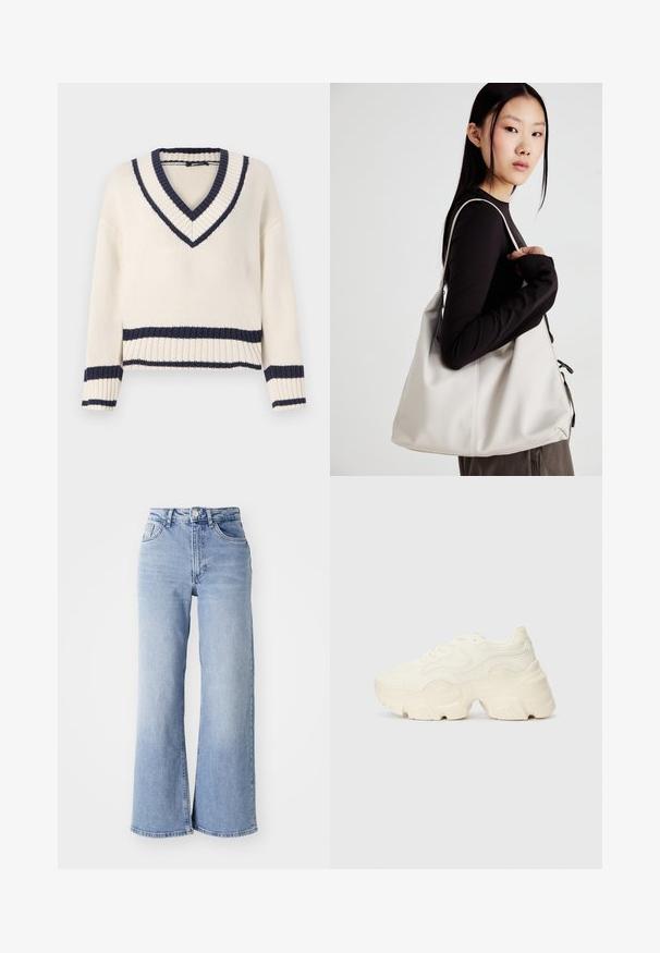 Løse V-hals genser i kremfarge med marineblå striper ved halslinning og kant. Ribbestrikkede mansjetter og kant, med en avslappet passform. Strikket tekstur.; Lyseblå høyt liv vide jeans med front- og baklommer, knappelukking og subtile falminger på lårene og kanten.; Chunky hvite sneakers laget av teksturert mesh og syntetiske materialer, med en tykk såle og intrikate mønsterdetaljer langs sidene.; Beige håndveske laget av mykt materiale, med en slapp design, sydd detaljer og to skulderstropper. Passer for daglig bruk.