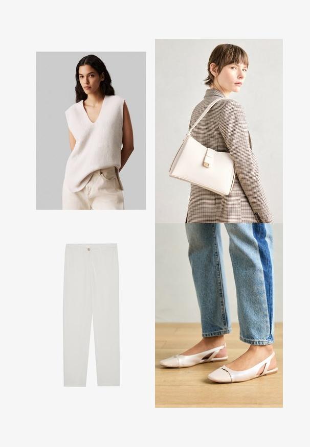 Femme avec de longs cheveux noirs portant un pull en tricot crème sans manches avec un décolleté en V et un pantalon taille haute beige clair, se tenant devant un fond gris uni.; Pantalon blanc sur mesure avec une coupe droite, doté d'une fermeture à bouton, de passants de ceinture et de poches latérales ; texture de tissu lisse.; Ballerines slingback rose pâle avec un bout pointu, fabriquées en un matériau semblable au cuir lisse. Présentent des découpes sur les côtés et un talon plat.; Sac à main en cuir blanc au design structuré, doté d'un fermoir magnétique et d'une bandoulière, présenté sur un fond neutre.