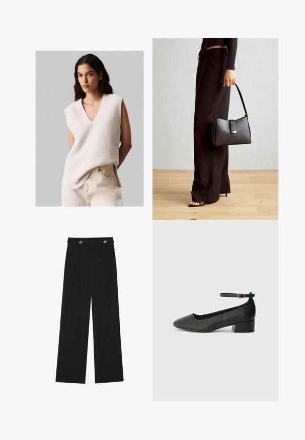 Woman with long dark hair wearing sleeveless cream knit sweater with V-neck and light beige high-waist pants, standing against plain gray background.; Black wide-leg trousers with high waist, button details on waistband, and front pleats.; Black leather pump with a pointed toe and a low block heel. Features an ankle strap with a gold-tone buckle. Smooth texture.; Black handbag with structured shape, smooth texture, and a metallic clasp. Paired with wide black pants and open-toe sandals on wooden floor.
