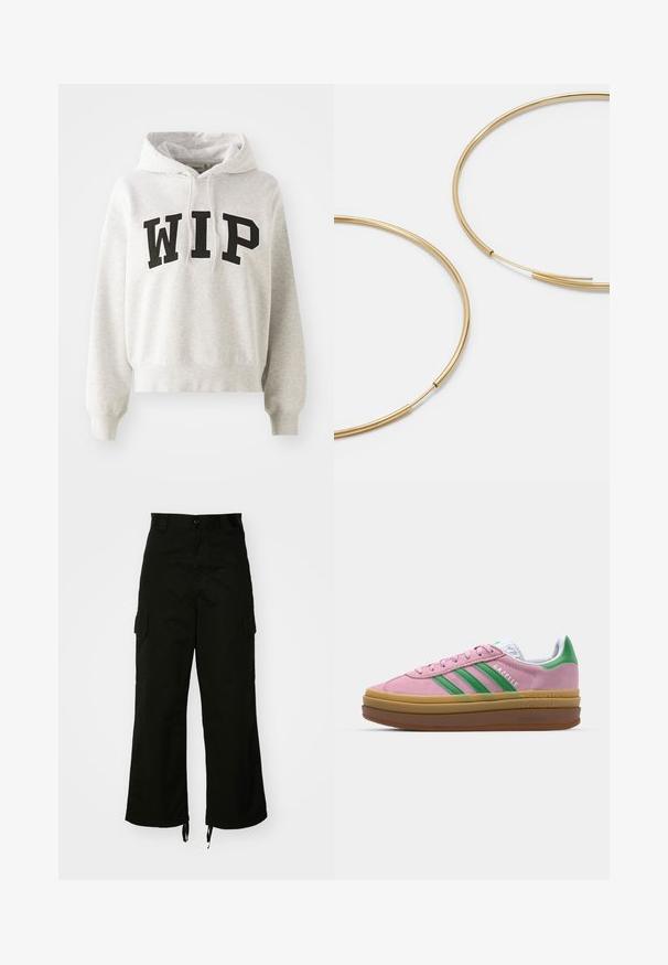 Lichtgrijze hoodie met een cropped ontwerp, met bold zwarte "WIP" letters over de voorkant. Klassieke buidelzak en trekkoordkap.; Drie mouwloze shirts in blauw, zwart en wit. De stof is ribbelstof met een ronde hals. Elk shirt heeft een label met de tekst "even&odd."; Zwarte cargobroek van katoen, met wijde pijpen, zijzakken en een trekkoord aan de onderkant. Het ontwerp heeft een knoopsluiting in de taille.; Roze suede sneakers met groene strepen, witte accenten en een bruine rubberen zool. Heeft een gestructureerde stof en logodetails aan de zijkant.; Gouden oorringen, dun en rond van vorm, met een gladde metallic afwerking en zonder versieringen of patronen.