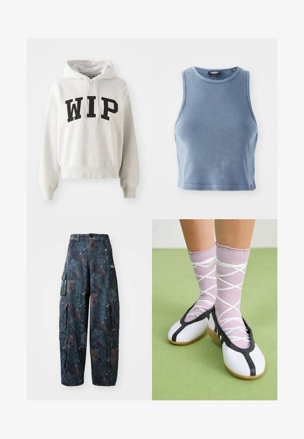 Gaiši pelēks kapuce ar īso piegriezumu, ar izteiksmīgu melnu "WIP" uzrakstu priekšpusē. Klasiska kangaroo kabata un aukliņu kapuce.; Gaiši zils ribots īsa augšdaļa ar apļa formas dekoltē un bez piedurknēm. Gluda tekstūra un neliels logotipa detalizējums apakšmalā.; Tums cargo bikses tumši zaļā un brūnā krāsā ar vairākiem kabatām un brīvu piegriezumu, izgatavotas no viegla, izturīga auduma.; Baltas plakans kurpes ar melniem akcentiem un zoli, saskaņoti ar gaiši violetām ribotām zeķēm ar baltām krustveida siksnām. Iestatīts zaļā fona.