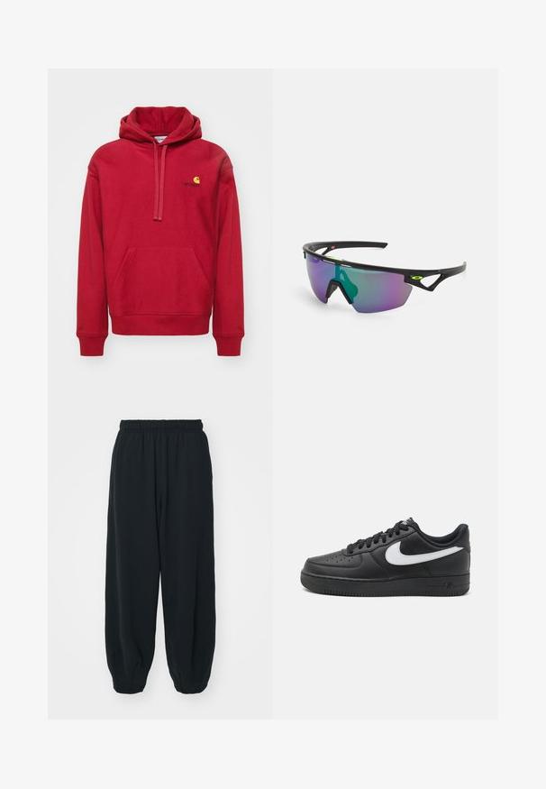 Carhartt WIP HOODED AMERICAN SCRIPT - Hættetrøje - tuscany; Sorte svedbukser med elastisk talje, løs pasform, afsluttede ankler, glat tekstur og uden synlige mønstre eller hardware-detaljer.; Sorte Nike Air Force 1 sneakers med en glat læderoverdel, hvid logoaccent, perforeret tå og struktureret gummisål.; Sports solbriller med en sort ramme, store gradient linser med lilla og grønne nuancer, samt vinklet design med logo detaljer.