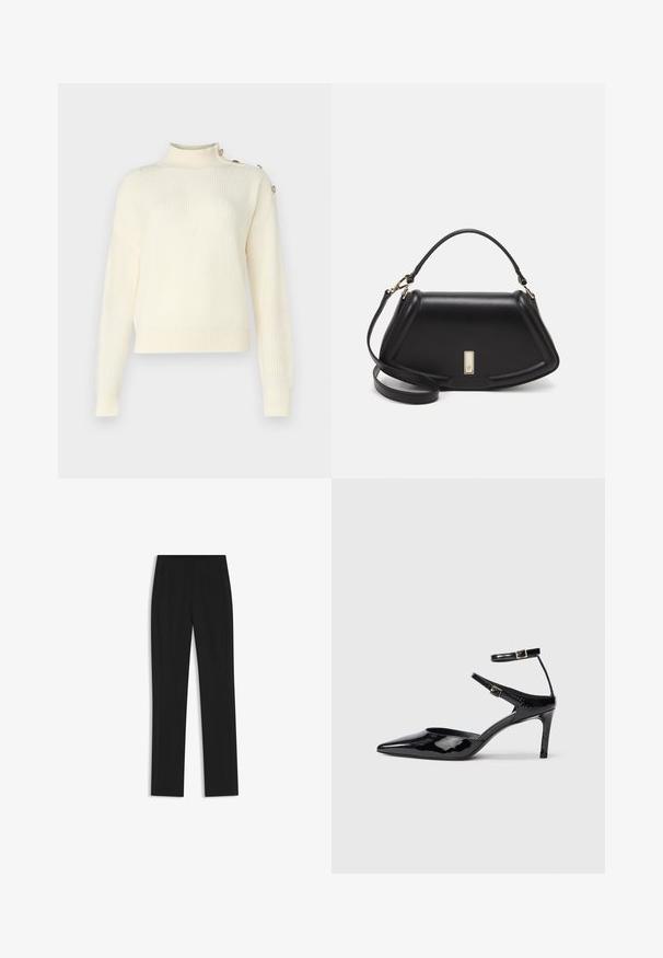 Cream-colored, ribbed knit sweater with a high neck and buttons on the shoulder. Features long sleeves and a relaxed fit.; Black tailored trousers with a straight-leg design, featuring front pockets and a smooth, textured fabric. Neat, minimal detailing.; Black patent leather heels with a pointed toe, adjustable ankle straps, and a slender heel. Smooth texture with a shiny finish.; Black leather handbag with a structured design, featuring a cropped shape, top handle, and gold hardware accent. Adjustable shoulder strap included.