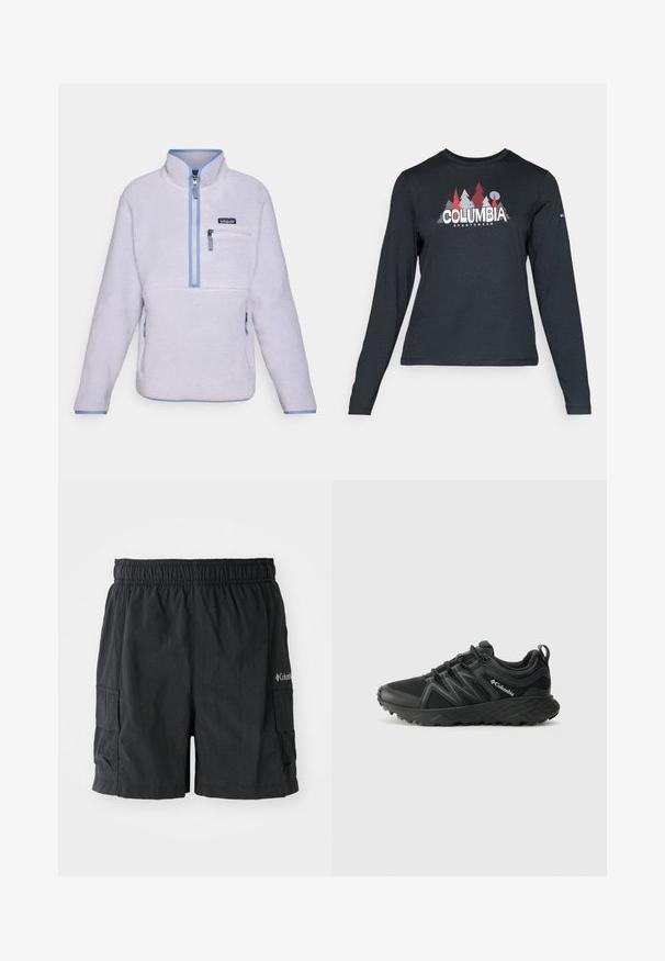 Pánský fleece pulovr v světle levandulové barvě s půlzipovým límcem, kontrastním modrým lemem, náprsní kapsou a strukturovanou tkaninou. Dvě boční kapsy.; Tmavě šedá dlouhá košile s grafikou červených stromů a hor; logo "COLUMBIA" v tučném bílém písmu. Měkká tkanina, standardní kulatý výstřih.; Černé cargo šortky vyrobené z lehkého materiálu, s elastickým pasem, bočními kapsami a logem na dolní pravé straně.; Columbia PEAKFREAK - Trekingové boty - black