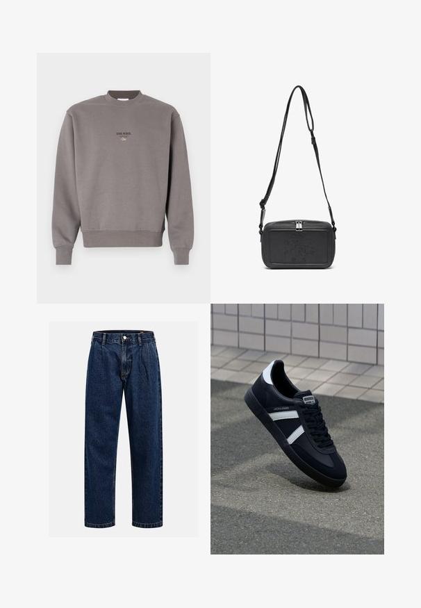 Gray cotton sweatshirt featuring a ribbed crew neckline and cuffs, with the text "ESS.WRD." printed in dark on the front.; Dark blue denim jeans with a straight-leg design. Features visible stitching, a button closure, and front pleats for added detail.; Black leather sneaker with white stripes, textured rubber sole, and lace-up front. Features a branded label on the tongue.; Black leather crossbody bag with a zip closure, embossed logo on the front, and adjustable strap. Smooth texture with a rectangular shape.