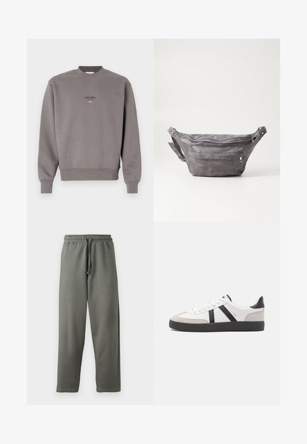 Szary bawełnowy sweatshirt z prążkowanym okrągłym dekoltem i mankietami, z napisem "ESS.WRD." nadrukowanym na przodzie w ciemnym kolorze.; Szare dresy wykonane z miękkiego materiału, z elastycznym pasem i sznurkiem; mają prosty krój nogawek i minimalistyczne detale szycia.; Białe sneakersy z czarnymi i szarymi akcentami, z teksturowanym szarym czubkiem, czarną gumową podeszwą i płaskimi białymi sznurowadłami. Czysty design, minimalistyczny styl.; Szara zamszowa saszetka biodrowa o zaokrąglonym kształcie, z dwoma zasuwanymi komorami i regulowanym paskiem. Wyróżnia się metalowymi akcentami.