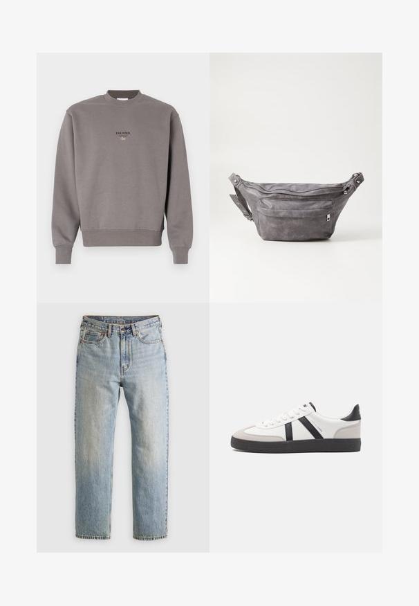 Šedá bavlněná mikina s žebrovaným kulatým výstřihem a manžetami, na přední straně s potiskem "ESS.WRD." v tmavé barvě.; Svetle modré džíny z denimu s vysokým pasem, předním knoflíkem, zipem a designem s pěti kapsami, ležící rovně na neutrálním pozadí.; Bílé tenisky s černými a šedými akcenty, opatřené texturovaným šedým prstovým krytem, černou gumovou podrážkou a plochými bílými tkaničkami. Čistý design, minimalistický styl.; Šedý semišový ledvinka s kulatým tvarem, dvěma zipovými přihrádkami a nastavitelným popruhem. Obsahuje kovové akcenty.