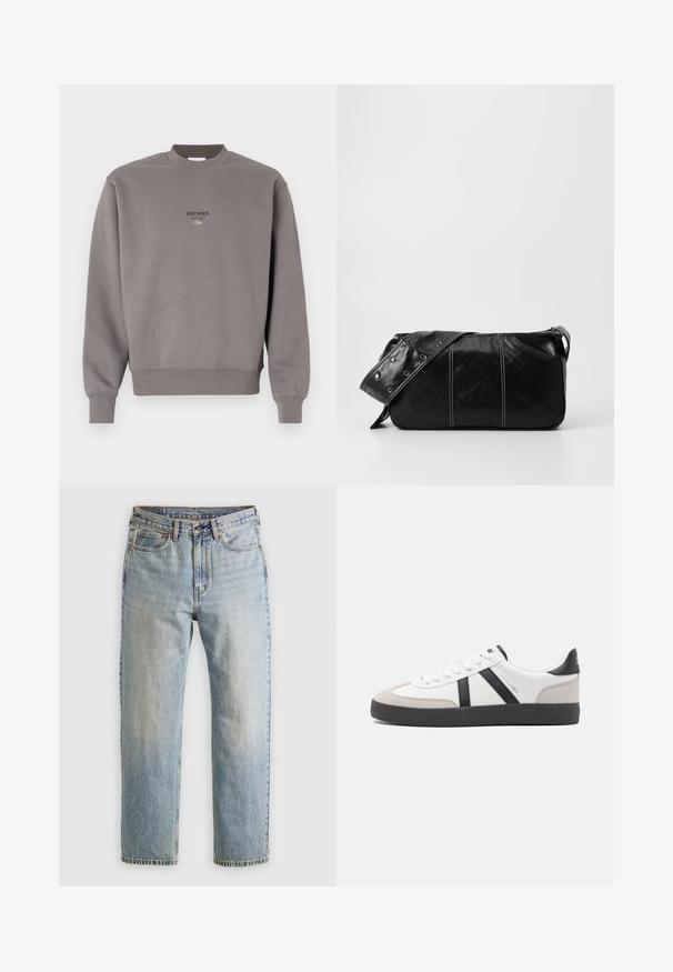 Grauer Baumwollpullover mit geripptem Rundhalsausschnitt und Bündchen, mit dem Text "ESS.WRD." in Dunkel auf der Vorderseite aufgedruckt.; Helle blaue Jeans mit hoher Taille, Frontknopf, Reißverschluss und fünf Taschen-Design, flach auf einem neutralen Hintergrund ausgelegt.; Weiße Sneaker mit schwarz- und grau-aczenten, ausgestattet mit einer strukturierten grauen Zehenkappe, schwarzer Gummi-Sohle und flachen weißen Schnürsenkeln. Sauberes Design, minimalistische Stil.; Schwarze Leder Schultertasche mit Reißverschluss, ausgestattet mit einer strukturierten Oberfläche, weißen Nähten und einem Tragegurt mit silbernen Ösen.