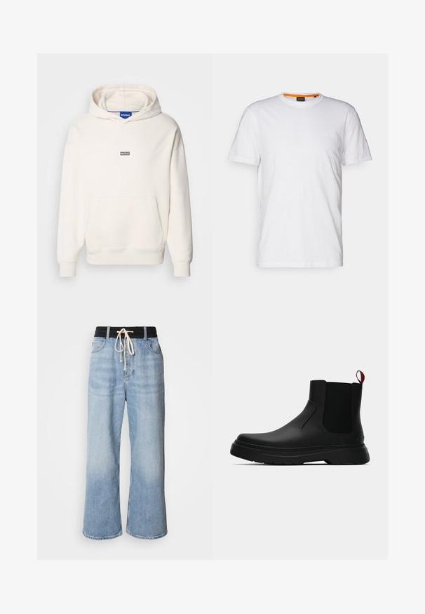 Világos krém színű kapucnis pulóver pamut keverékből, nagy elülső zsebbel, bordázott mandzsettákkal és egy kis fekete "HUGO" logóval a mellkasán.; Fehér pamut póló kerek nyakkivágással, rövid ujjakkal, és finoman domborított logóval a mellkason. A belső címke narancssárga akcentussal rendelkezik.; Világoskék, bő szárú farmernadrág fekete, elasztikus derékpánttal, húzózsinórral és klasszikus öt zsebes kialakítással.; Fekete bokacipő sima felülettel, ruganyos oldalsó panelek és kontrasztos piros húzópánt jellemzi, vastag gumitalppal és lekerekített orral.