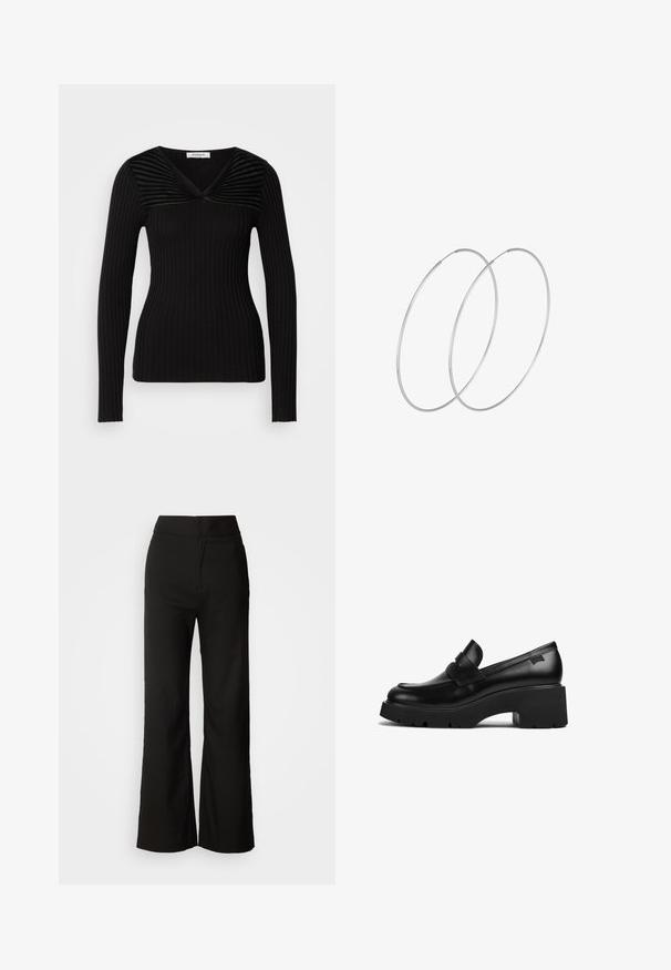 Zwarte geribbelde gebreide top met lange mouwen en een V-hals. Textuur met horizontale strepen bij de schouders. Strakke pasvorm, gladde stof, geen patronen.; Zwarte wijde broek met een gladde textuur, hoge taille en een strakke uitstraling. Geen zichtbare zakken of versieringen.; Zwarte leren loafers met chunky hak en dikke zool, met een banddetail over de bovenkant, zijaanzicht op een witte achtergrond.; Zilveren hoepel oorbellen met een minimalistisch ontwerp. Cirkelvormig, gladde textuur en dun profiel. Lichtgewicht met een gepolijste afwerking.