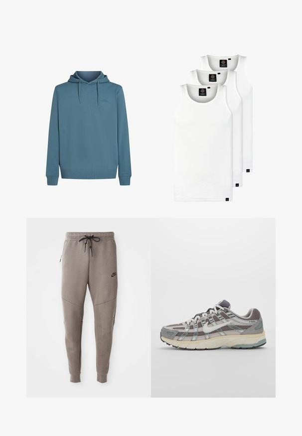 Sudadera con capucha en suave tela azul texturizada. Presenta cordones, un área de bolsillo frontal y un pequeño logo en el pecho.; Tres camisetas sin mangas de algodón de color blanco con canalé. Cuentan con cuello redondo y pequeñas etiquetas negras cerca del dobladillo. Disponibles en múltiples tamaños.; Pantalones de chándal grises de Nike con cintura ajustable, piernas ajustadas, bolsillos laterales y costuras distintivas. Tejido suave y texturizado.; Zapatilla deportiva gris con parte superior de malla y ante, acentos blancos, suela acolchada y un diseño distintivo con elementos reflectantes.
