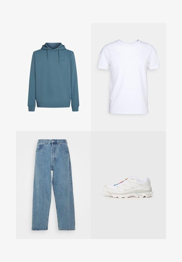 Hoodijaka no mīksta, teksturēta zila auduma. Iespējas ar auklītēm, priekšējās kabatas laukumu un mazu logotipu uz krūtīm.; Balts īsām piedurknēm T-krekls no kokvilnas auduma ar apaļu kakla izgriezumu. Vienkāršs dizains bez rakstiem vai akcentiem. Gluda tekstūra.; Gai zilo denima džinsu bikses ar augstu vidukli, brīvu piegriezumu, divām priekšējām kabatām, aizmugurējo kabatu un pogu aizdari.; Balti sporta apavi ar teksturētu sietu augšdaļu, atstarojošiem akcentiem un mīkstu zoli. Izteikts zīmola logotips sānos.