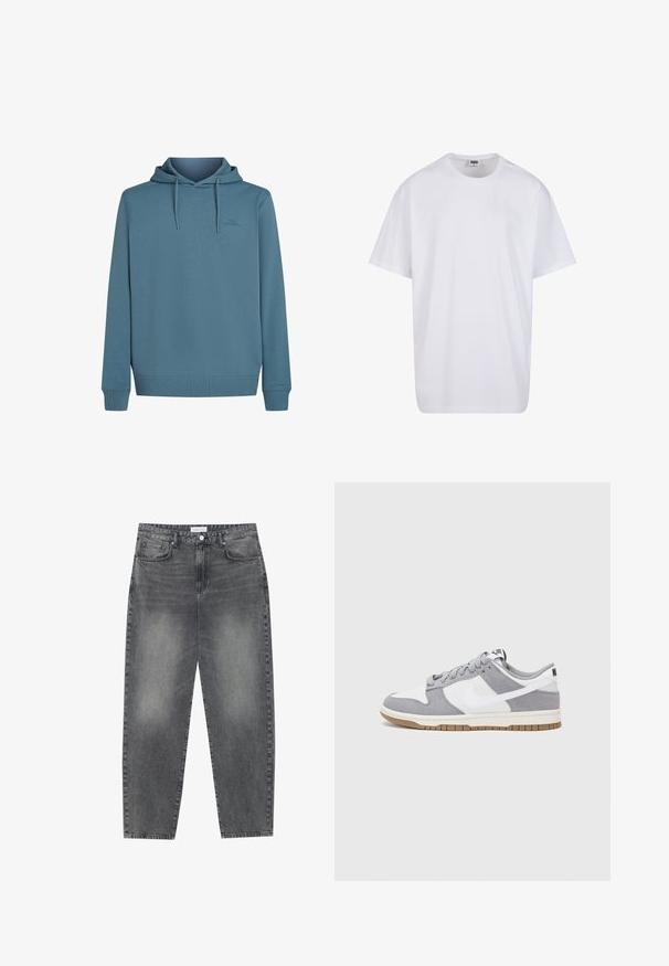 Sudadera con capucha en suave tela azul texturizada. Presenta cordones, un área de bolsillo frontal y un pequeño logo en el pecho.; Camiseta blanca de algodón con mangas cortas, cuello redondo, corte relajado y sin logotipos ni patrones visibles. Textura suave y diseño minimalista.; Jeans de cintura alta y corte holgado en denim negro desgastado. Con cinco bolsillos, pasadores para el cinturón y un diseño de pierna recta y limpia.; Zapatilla gris y blanca con parte superior de ante y cuero, puntera redondeada, cordones planos y suela de goma con un acento de goma.