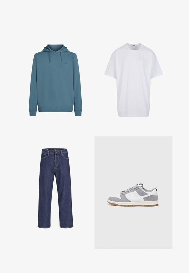Hoodijaka no mīksta, teksturēta zila auduma. Iespējas ar auklītēm, priekšējās kabatas laukumu un mazu logotipu uz krūtīm.; Balta kokvilnas T-kreklu ar īsām piedurknēm, apaļu kakla izgriezumu, brīvu piegriezumu un bez redzamām logo vai rakstiem. Gluda tekstūra un minimālistisks dizains.; Tumši zili džinsu bikses ar taisnu piegriezumu, piecu kabatu dizainu, metāla pogas aizdari un kontrastējošām šuvēm, ar smalku faktūru.; Pelēki un balti sporta apavi ar zamšādas un ādas virsu, noapaļota purngala, plakaniem šņorēm un gumijas zoli ar gumijas akcentu.