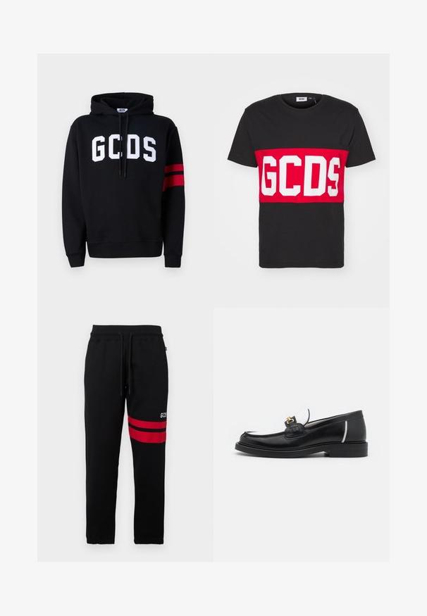 Black hoodie made of cotton featuring a white "GCDS" logo on the front and two red stripes on the left sleeve. Adjustable drawstring hood.; GCDS BAND LOGO REGULAR - Print T-shirt - black; Black sweatpants with contrast red stripes and logo on the side. Features an elastic waistband with drawstring and tapered ankle cuffs.; Black leather loafer with a rounded toe, white accents, and gold hardware on the vamp. Features a textured patch and stacked heel.