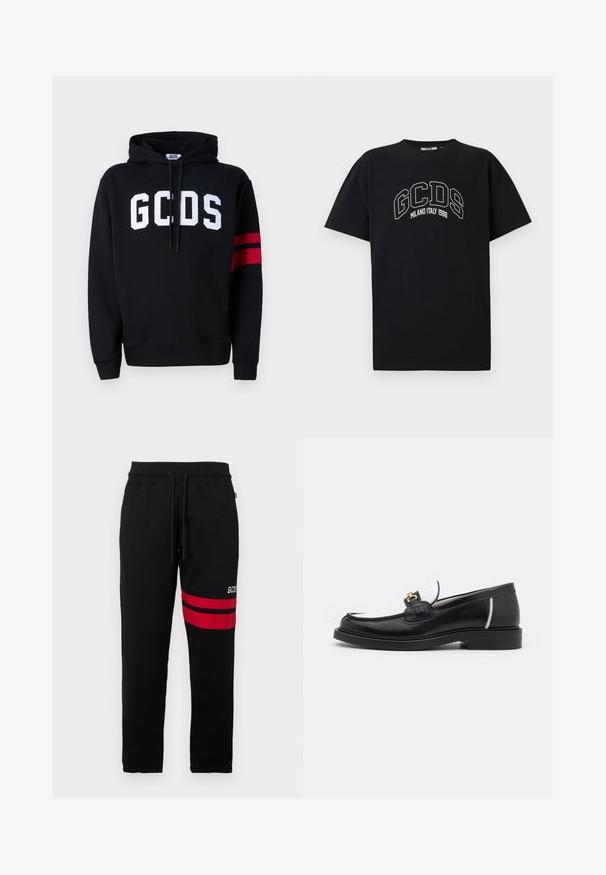 Felpa nera in cotone con logo "GCDS" bianco sul davanti e due strisce rosse sulla manica sinistra. Cappuccio con cordini regolabili.; Maglietta nera in cotone a maniche corte. Presenta il logo bianco GCDS e il testo "MILANO ITALY 1988" disposto ad arco. Vestibilità standard e colletto tondo.; Pantaloni sportivi neri con strisce rosse a contrasto e logo sul lato. Presentano una vita elastica con cordino e polsini alla caviglia a punta.; Mocassino in pelle nera con punta arrotondata, accenti bianchi e dettagli in oro sulla parte anteriore. Presenta un patch testurizzato e un tacco impilato.