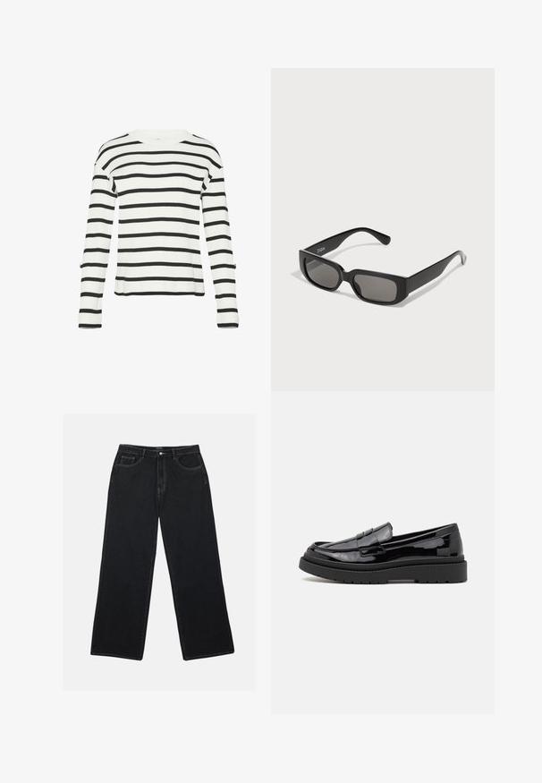 Biały sweter z długim rękawem w czarne poziome paski, o żeberkowej fakturze, okrągłym dekolcie i bocznych rozcięciach u dołu.; Czarnie dżinsowe spodnie o szerokich nogawkach mają wysoki stan, kieszenie z przodu oraz kontrastowe przeszycia. Materiał ma gładkie, lekko teksturowane wykończenie.; Czarne lakierowane mokasyny z zaokrąglonym noskiem, dekoracyjnym paskiem i grubą czarną gumową podeszwą. Gładka, błyszcząca tekstura z minimalnym szyciem.; Czarne prostokątne okulary przeciwsłoneczne z szaro zabarwionymi soczewkami, wykonane z gładkiego plastiku. Charakteryzują się minimalistycznym designem z prostymi zausznikami i subtelnym logo.; Dżinsowa torba na ramię o zaokrąglonym kształcie, w jasnoniebieskim kolorze, z regulowanym paskiem na ramię oraz małą odpinaną kieszonką z metalowymi akcentami.