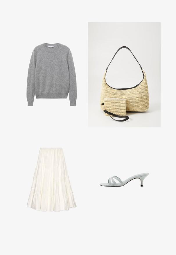Grey wool sweater with a round neckline, long sleeves, and ribbed cuffs and hem. The texture appears soft and slightly textured.; White tiered maxi skirt made of textured fabric, featuring an elastic waistband and a flowing silhouette with multiple ruffles.; Light gray heeled sandals with three crisscross straps, a slim profile, and a tapered heel. Smooth texture with a slightly shiny finish.; Woven straw handbag with a curved silhouette, featuring a smooth black leather strap and a matching small pouch attached by a wrist strap.